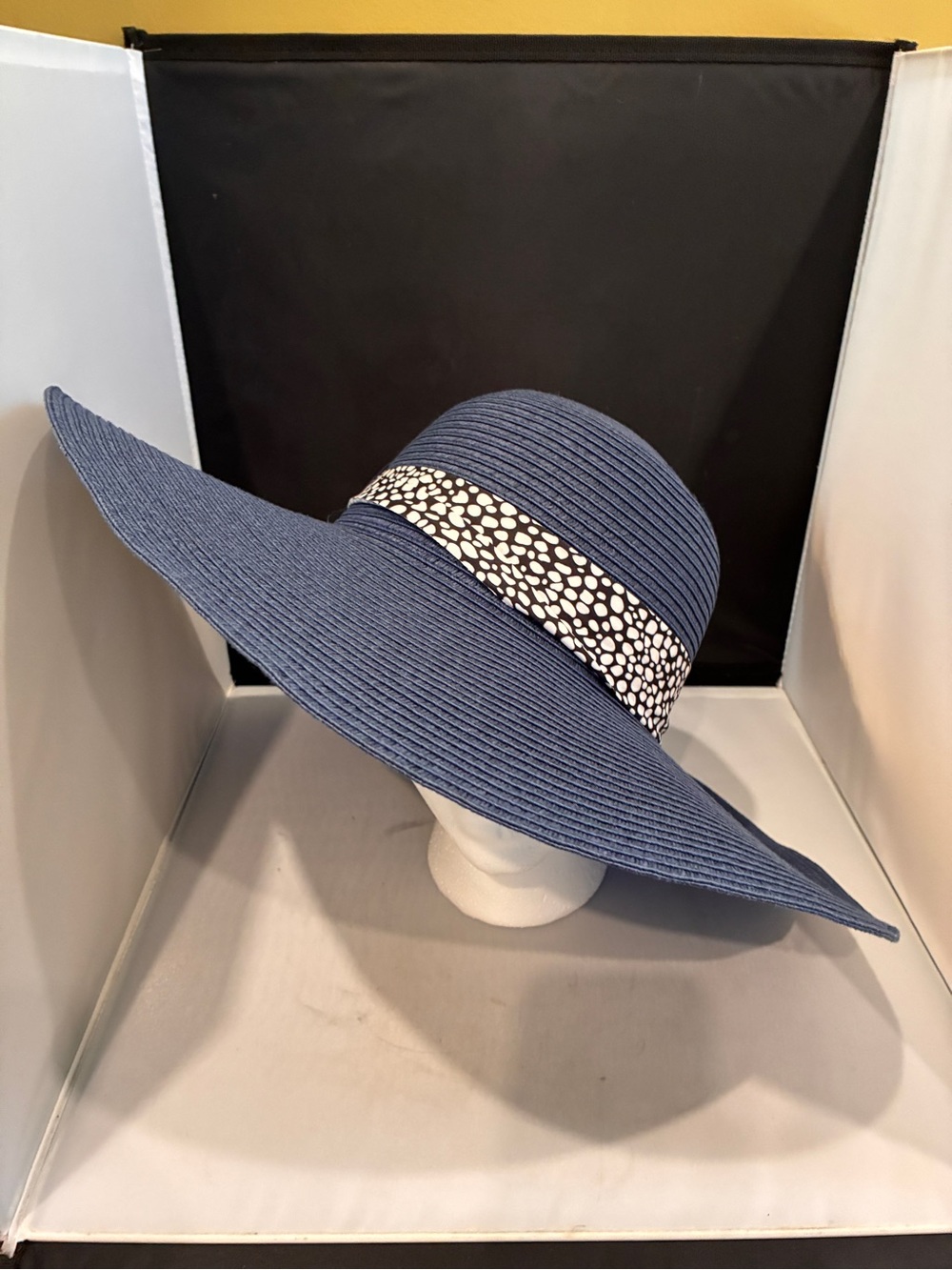 Serra Navy Wide-Brim Sun Hat with Black-and-White Spot Band